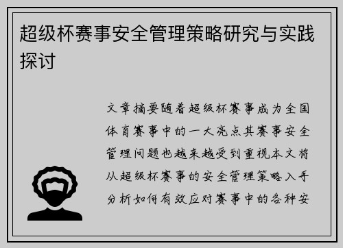 超级杯赛事安全管理策略研究与实践探讨