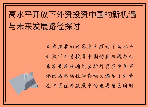 高水平开放下外资投资中国的新机遇与未来发展路径探讨