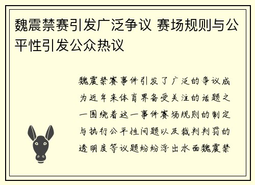 魏震禁赛引发广泛争议 赛场规则与公平性引发公众热议