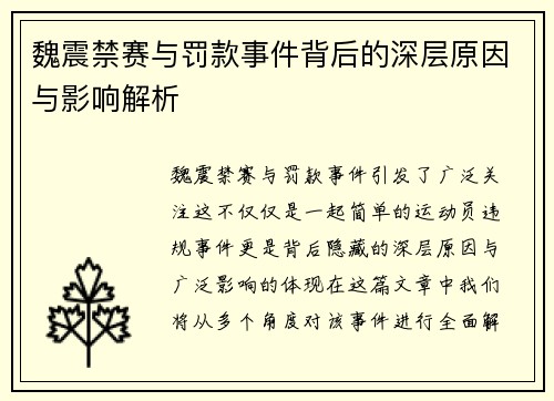 魏震禁赛与罚款事件背后的深层原因与影响解析